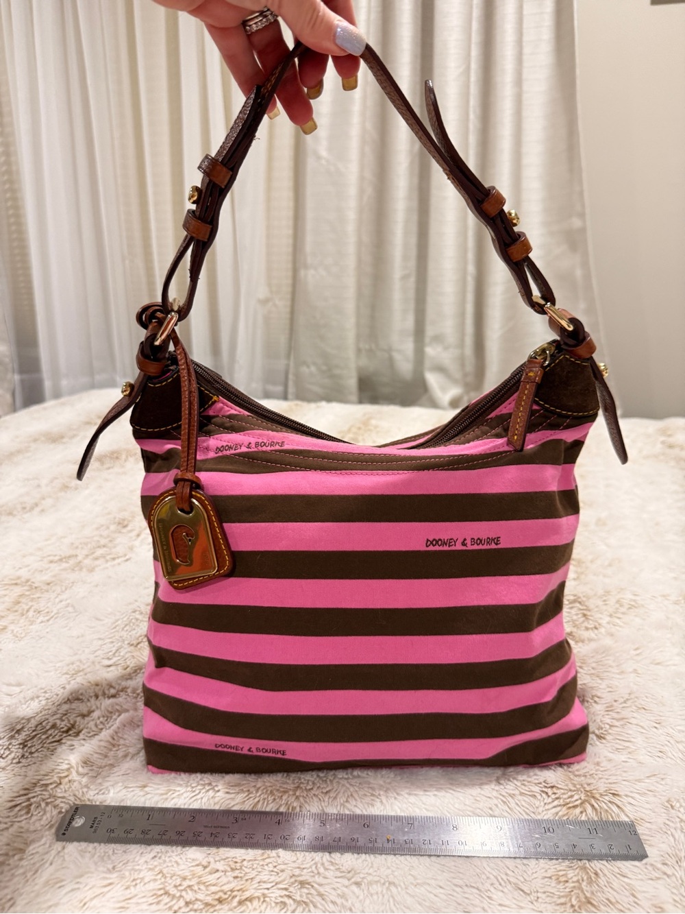 Dooney & Bourke Pink and Brown Striped Shoulder Bag with Leather Trim